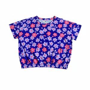 BCG Girls' Short Sleeve Smocked Waist Floral Top Large NEW